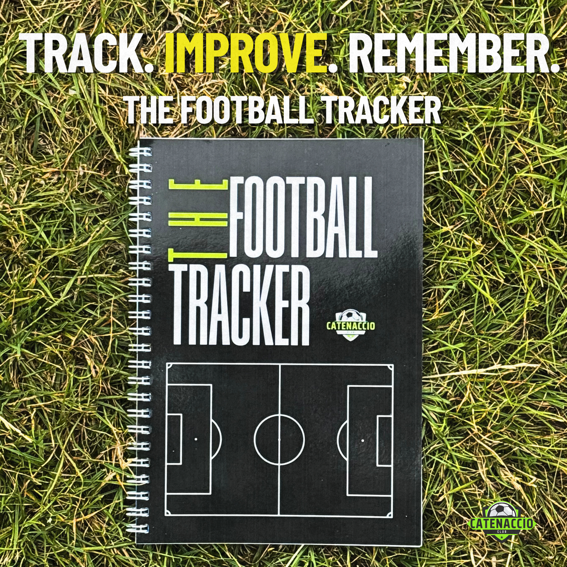 Notebook titled 'The Football Tracker' for grassroots players to track stats and analyse performances 