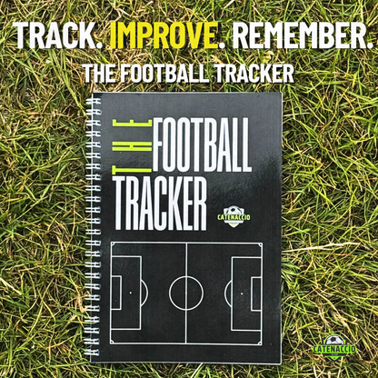 Notebook titled 'The Football Tracker' for grassroots players to track stats and analyse performances 